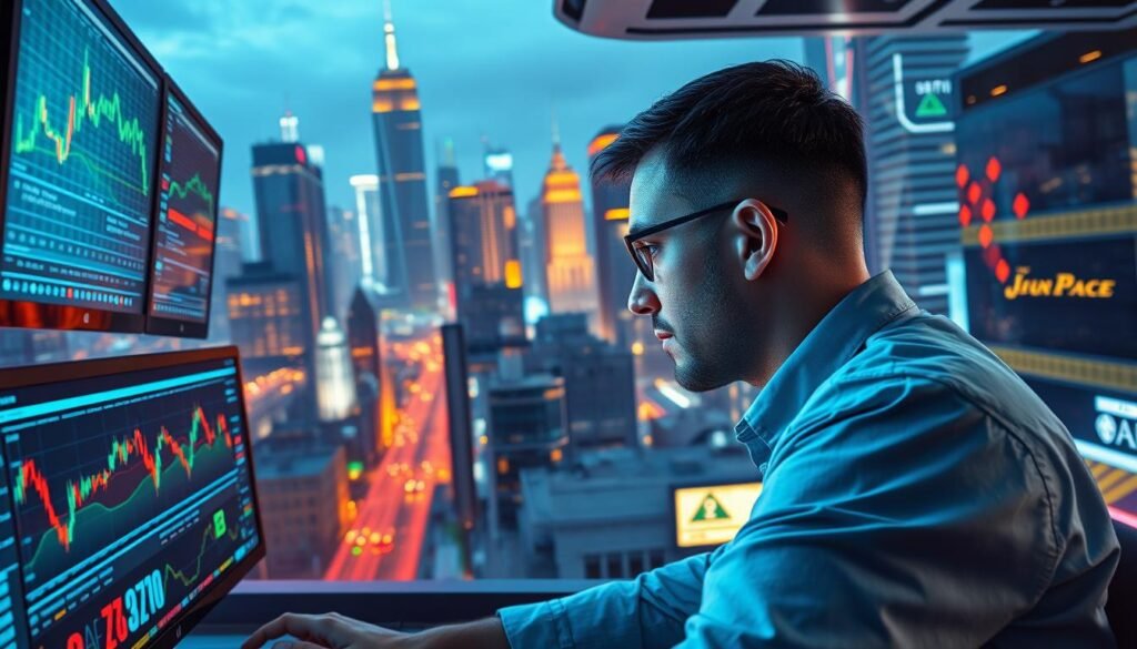 A vibrant and dynamic cryptocurrency trading scene, captured in a high-resolution, cinematic rendering. In the foreground, a trader intently monitors multiple screens, their face illuminated by the glow of digital charts and graphs. The middle ground features a sleek, futuristic trading terminal, its holographic interfaces projecting a web of interconnected data streams. In the background, a bustling cityscape of towering skyscrapers and neon-lit streets, reflecting the global nature of the financial markets. The lighting is sharp and directional, creating a sense of intensity and urgency, while the camera angle is slightly elevated, giving the viewer a sense of immersion and participation in the fast-paced world of cryptocurrency trading.