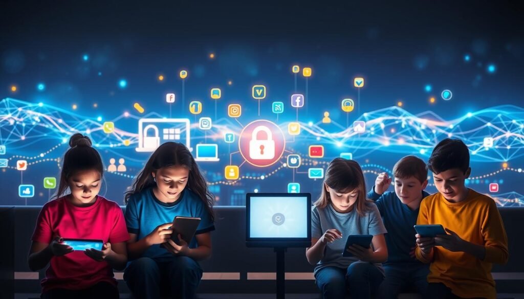 A vibrant, well-lit scene depicting online safety for children and teens. In the foreground, a group of diverse young people using digital devices with a sense of engagement and purpose. The middle ground showcases an array of internet-connected devices and icons representing online activities, all within a secure, protective environment. The background features a serene, abstract digital landscape, with glowing lines and shapes symbolizing the interconnected, yet potentially hazardous nature of the online world. The overall mood is one of empowerment, guidance, and a balanced approach to technology usage, aimed at keeping young users safe and informed.