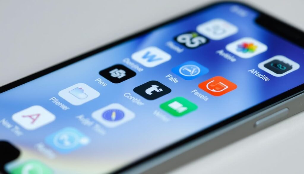 A well-lit, high-resolution close-up view of an iPhone screen displaying a series of app icons neatly organized into folders. The folders have transparent backgrounds, allowing the user to see the home screen wallpaper peeking through. The screen is angled slightly upwards, providing a natural perspective. The lighting is soft, diffused, and evenly distributed, creating a clean, modern aesthetic. The app icons are crisp, colorful, and arranged in a visually appealing grid layout. The overall scene conveys a sense of organization, simplicity, and functionality, highlighting the versatility of iOS folder management.