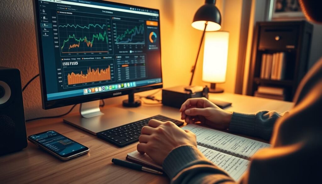 A well-lit home office, a desktop computer displaying charts and graphs tracking cryptocurrency mining earnings, alongside a smartphone and a notebook filled with handwritten notes. The scene is bathed in a warm, inviting glow, conveying a sense of concentration and productivity. The user's hands are visible, interacting with the devices, showcasing the process of closely monitoring and recording their mining activities. The composition is balanced, with the desk and equipment positioned to draw the viewer's attention to the core subject matter. The overall atmosphere is one of organized efficiency, reflecting the importance of meticulously tracking one's cryptocurrency mining earnings.