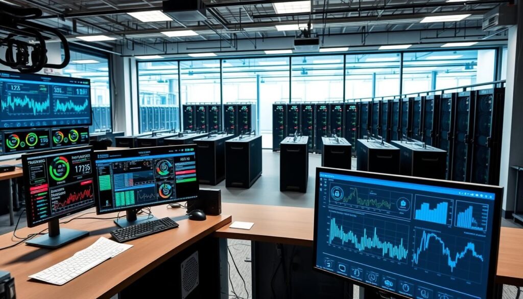 A well-lit industrial control room, with a large desk displaying multiple screens and monitoring dashboards. The desk is situated in the foreground, showcasing detailed visualizations of mining performance metrics, hash rates, and energy consumption data. The middle ground features mining rigs arranged in a neat grid, their LED lights casting a soft glow. In the background, a panoramic window offers a view of a vast, automated mining facility, with rows of server racks and cooling systems. The scene conveys a sense of order, efficiency, and the meticulous oversight required to maintain a successful crypto mining operation.