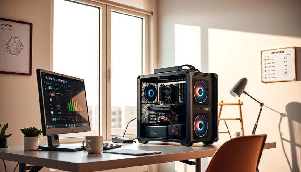A well-lit, modern home office with a desktop computer, mining rig, and cryptocurrency-themed decor. The mining rig is prominently displayed, its cooling fans gently humming. The desk is clean and organized, with a cup of coffee and a notepad. The room has large windows, allowing natural light to stream in and create a warm, inviting atmosphere. The walls are adorned with minimalist cryptocurrency-themed artwork and a small whiteboard displaying mining pool statistics. The overall scene conveys a sense of productivity, expertise, and a beginner-friendly approach to cryptocurrency mining.