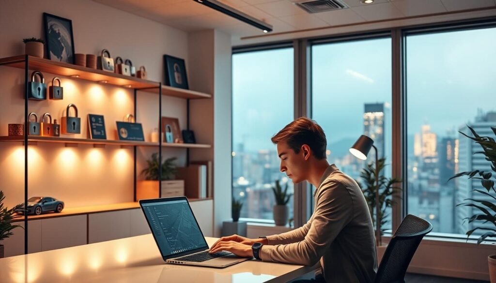 A well-lit, modern office scene. In the foreground, a person sits at a desk, intently focused on a laptop screen, conducting an online purchase. The middle ground features shelves filled with secure-looking digital locks, encryption icons, and security-themed decor. The background showcases a cityscape outside the window, conveying a sense of urban connectivity. Soft, warm lighting illuminates the space, creating a sense of safety and comfort. The overall atmosphere is one of diligence, care, and technological reassurance, reflecting the importance of online shopping safety.