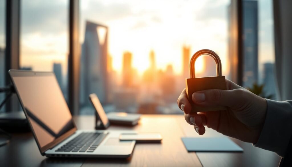 An office desk with a laptop, smartphone, and digital security icons, bathed in a warm, ambient lighting. In the background, a blurred cityscape with towering skyscrapers, symbolizing the vastness of the online world. The foreground features a hand holding a padlock, emphasizing the importance of safeguarding digital privacy. The scene evokes a sense of professional, yet intimate, workspace where online safety is a primary concern.