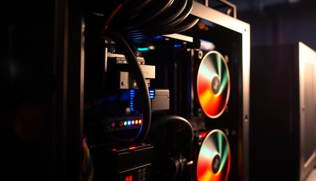 Detailed close-up of a cryptocurrency mining rig, showcasing its internal components and glowing LED lights. The rig is set against a dark, industrial background with a hint of a blockchain-inspired pattern in the shadows. Bright, focused lighting casts dramatic shadows, highlighting the intricate details of the mining hardware. The overall scene conveys a sense of technical sophistication and the potential for substantial mining earnings.