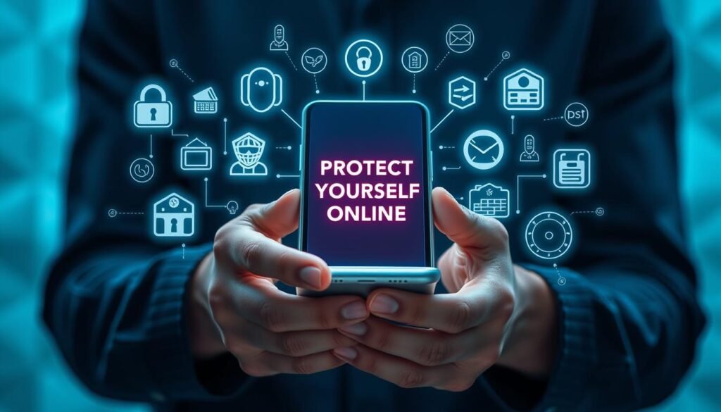 Detailed high-resolution image of a person's hands holding a mobile device, surrounded by a holographic display of cybersecurity icons and symbols. The device screen shows a "Protect Yourself Online" message with a simple and intuitive interface. The background is a minimalist geometric pattern in shades of blue, with subtle lighting and depth of field effects to create a sense of depth and focus on the central subject. The overall mood is one of security, technology, and personal empowerment.