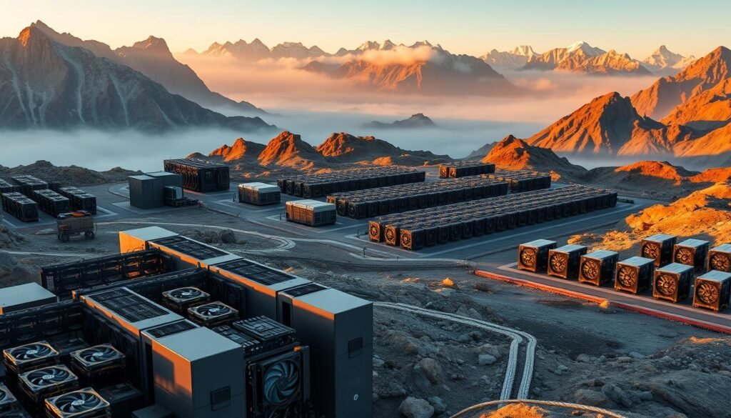 Expansive mining pools dotting a rugged, mountainous landscape. In the foreground, a network of GPU-powered mining rigs, their fans whirring and lights blinking, housed in sleek, modular structures. In the middle ground, rows of server racks and cooling systems arranged in an efficient, geometric pattern. The background features towering peaks shrouded in mist, hinting at the remote, off-grid locations where these mining operations are often situated. Warm, golden lighting casts a glow over the scene, creating a sense of productivity and technological prowess. The overall composition conveys the scale, complexity, and essential role of mining pools in the cryptocurrency ecosystem.