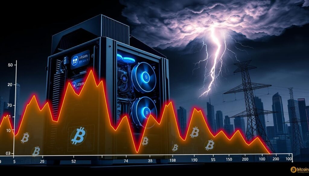 High-contrast digital illustration of a Bitcoin mining rig against a dark, industrial background. The rig features intricate mechanical components, glowing blue lights, and a towering heat sink. In the foreground, a graph depicts the rising electricity costs associated with Bitcoin mining, with fluctuating red and yellow line graphs. The background is dominated by a cityscape of skyscrapers, power lines, and a looming thunderstorm, symbolizing the immense energy demands of cryptocurrency mining. The overall mood is one of technological complexity, environmental impact, and the increasing financial challenges of Bitcoin production.