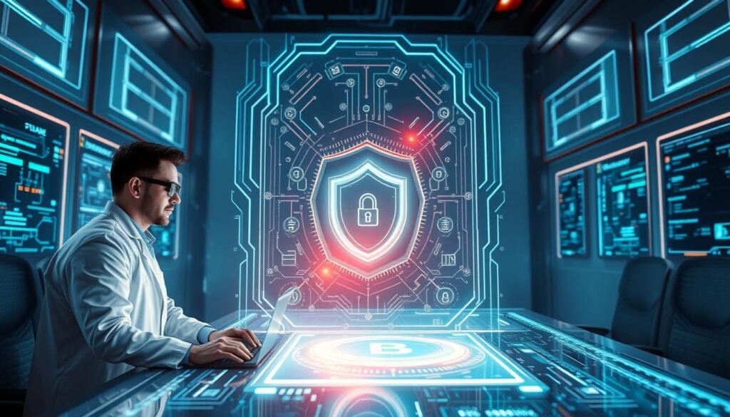 Prompt A sleek and sophisticated data security command center, with a central holographic display showcasing various security protocols. Glowing panels and interlocking circuits create a futuristic, high-tech atmosphere. Figures wearing smart glasses and lab coats interact with the system, analyzing real-time data and implementing protective measures. Soft, ambient lighting illuminates the scene, conveying a sense of control and security. The overall composition emphasizes the importance of personal data privacy and the advanced technological solutions available to safeguard it.