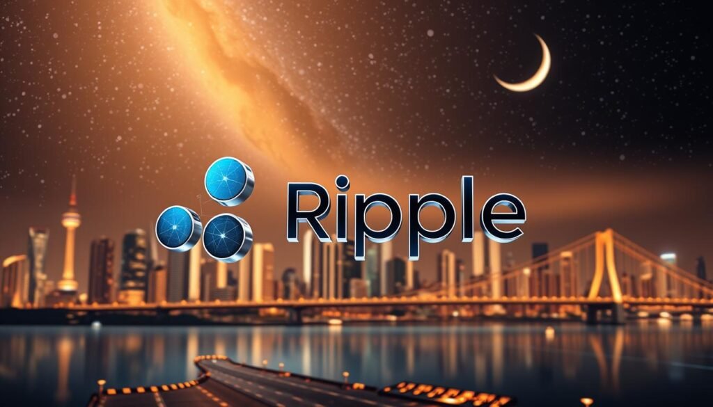 Ripple cryptocurrency: A sleek, modern design with a dynamic energy. In the foreground, a three-dimensional Ripple logo floats, its signature waves undulating with depth and movement. The logo is rendered in a metallic, almost holographic finish, catching the light and creating a sense of technological sophistication. In the middle ground, a futuristic cityscape unfolds, skyscrapers and bridges illuminated by a warm, golden glow, suggesting Ripple's global financial applications. The background features a night sky, filled with twinkling stars and a crescent moon, evoking a sense of scale, mystery, and boundless potential. The overall composition conveys Ripple's role in revolutionizing the world of payments, blending cutting-edge design with a visionary, expansive outlook.