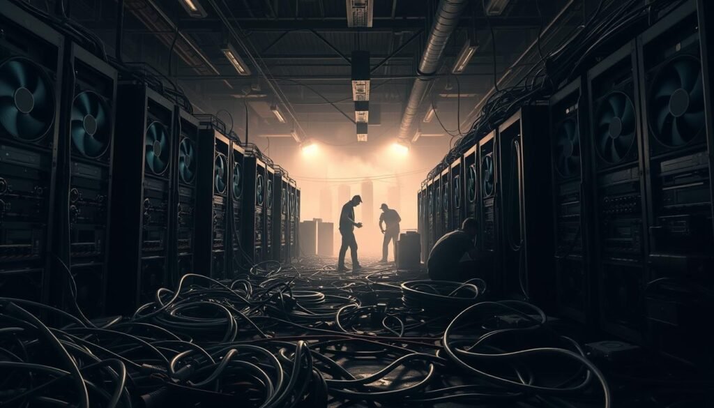 a dark, gritty industrial landscape with towering mining rigs and servers, their fans whirring loudly, illuminated by harsh overhead lighting that casts long shadows. in the foreground, a tangled web of power cables and cooling tubes snakes across the floor, hinting at the complexity and energy demands of crypto mining. the background is shrouded in a haze of heat and exhaust, with the silhouettes of workers hunched over their equipment, struggling to maintain the delicate balance of temperature and power consumption. the overall atmosphere conveys the challenges and difficulties faced by crypto miners, from the high costs and environmental impact to the technical expertise required to keep their operations running smoothly.