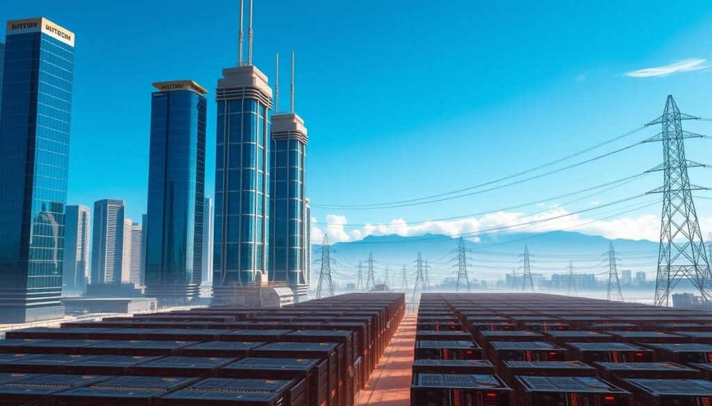 a futuristic cityscape with towering skyscrapers and gleaming towers, their glass facades reflecting the blue hues of a clear sky. In the foreground, a vast server farm hums with activity, its rows of racks and blinking lights representing the core of cryptocurrency mining operations. The scene is bathed in a warm, amber-tinted light, conveying a sense of energy and productivity. In the middle ground, a network of power lines and transmission towers criss-cross the skyline, symbolizing the immense energy demands of the mining process. The background features a distant mountain range, its peaks partially obscured by wispy clouds, hinting at the environmental impact of the energy-intensive industry. The overall composition creates a striking balance between the technological progress and the natural world, inviting the viewer to consider the complex relationship between cryptocurrency mining and its ecological consequences.