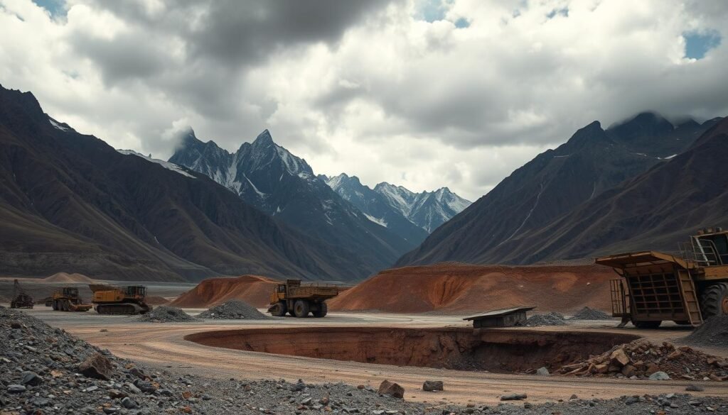 a majestic mountain landscape with towering peaks and deep valleys, scarred by the scars of mining operations, with abandoned machinery and toxic waste piles scattered across the rugged terrain. in the foreground, a desolate and barren landscape, with the ground torn open by heavy machinery, exposing the earth's raw resources. the sky is overcast and gloomy, casting a somber mood over the scene. the lighting is harsh and dramatic, casting long shadows and highlighting the environmental degradation. the camera angle is low, emphasizing the scale and magnitude of the mining's impact on the natural world. the overall atmosphere conveys a sense of melancholy and the heavy price paid for the pursuit of mineral wealth.