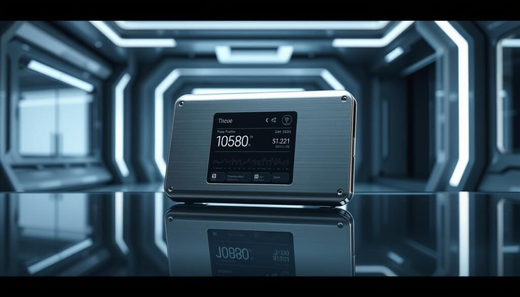 a sleek, modern cryptocurrency wallet made of brushed metal and tempered glass, with a minimalist design and a clean, high-tech aesthetic. The wallet has a simple but elegant interface, with a digital display showing the user's crypto balance and transaction history. The wallet is positioned on a reflective glass surface, creating a sense of depth and dimension. The background is a softly lit, futuristic interior, with a subdued color palette of grays, silvers, and blues, conveying a sense of security and sophistication. The overall scene is lit from behind, casting a subtle glow around the wallet and creating a sense of depth and atmosphere.