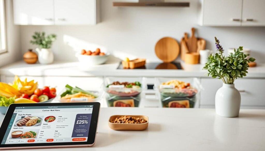 A beautifully designed kitchen counter with a variety of fresh, colorful meal options arranged in an elegant, personalized display. In the foreground, a tablet device showcases a user-friendly digital interface for customizing meal plans, with a variety of dietary preferences, portion sizes, and delivery schedules. The middle ground features a variety of neatly packaged meals, each with a unique label highlighting the personalized details. The background shows a minimalist, well-lit kitchen setting, with clean lines and natural lighting creating a serene and inviting atmosphere.