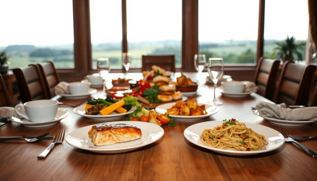 A beautifully plated, gourmet dinner scene with an array of delectable, wholesome dishes. In the foreground, a large, wooden table is set with fine china, cutlery, and napkins, creating an inviting atmosphere. Placed centrally are various entrees, such as a seared salmon fillet, roasted vegetables, and a hearty pasta dish, all bursting with vibrant colors and textures. Dim, warm lighting filters in from the background, casting a cozy glow over the scene. In the middle ground, a large window overlooking a serene, pastoral landscape adds depth and a sense of tranquility. The overall mood is one of sophisticated, yet nourishing, culinary delight.