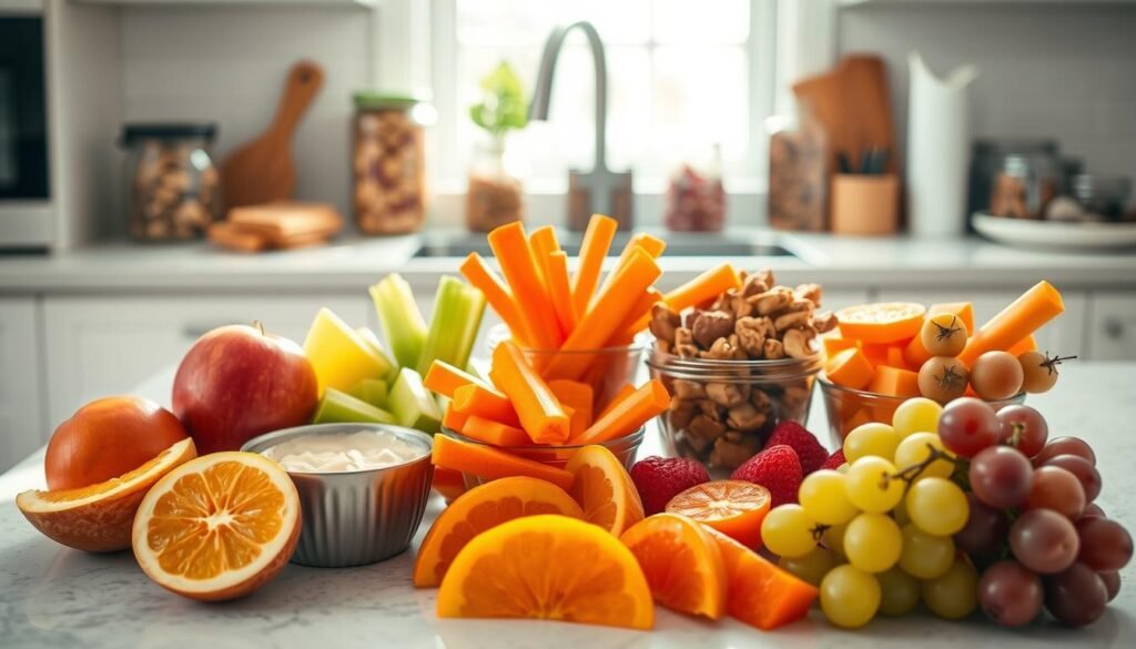 A bright, cheerful kitchen counter with an assortment of healthy snack options for picky eaters. In the foreground, a selection of colorful fruits, including sliced apples, orange wedges, and juicy grapes, arranged in an inviting display. In the middle ground, small bowls filled with crunchy carrot sticks, celery stalks, and hummus for dipping. In the background, a few jars of trail mix and granola bars, suggesting a variety of nutritious choices. The lighting is soft and natural, creating a warm, welcoming atmosphere. The composition emphasizes the vibrant colors and textures of the healthy snacks, encouraging a sense of appeal and approachability for even the pickiest of eaters.