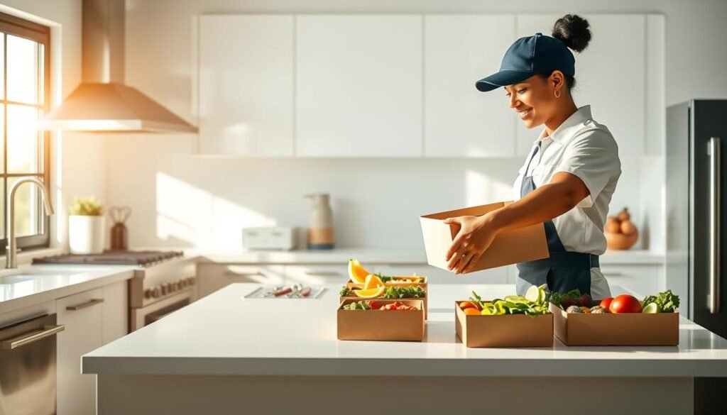 A bright, modern kitchen with stainless steel appliances and pristine white countertops. On the counter, a neatly arranged set of fresh, colorful meal delivery boxes, each containing a variety of healthy, gourmet ingredients. Sunlight streams in through a large window, casting a warm, natural glow over the scene. In the foreground, a delivery person in a crisp uniform carefully places another box on the counter, ready to be delivered to a satisfied customer. The overall mood is one of cleanliness, efficiency, and a commitment to providing high-quality, nutritious meals right to your doorstep.