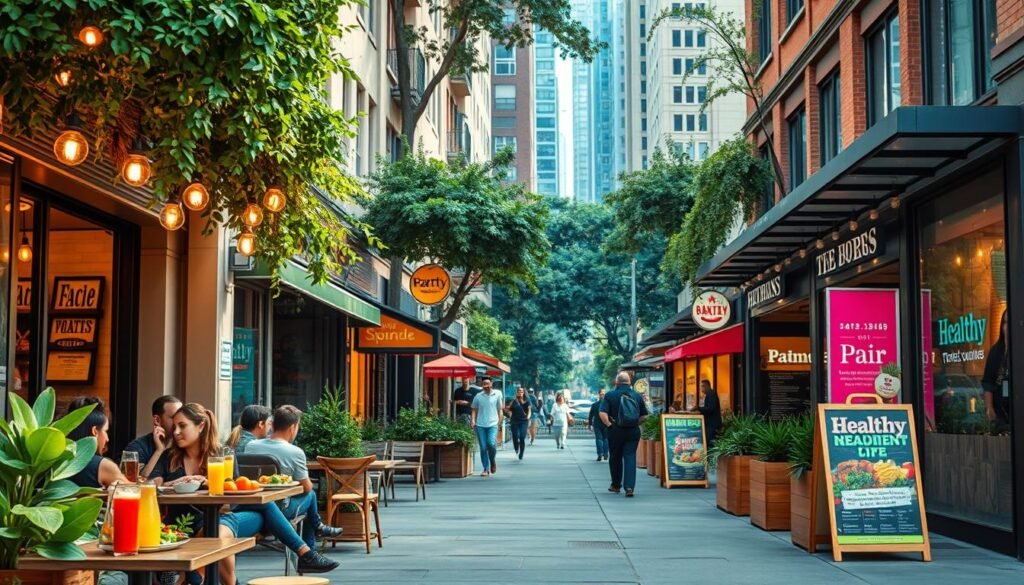 A bustling city street lined with vibrant, modern storefronts showcasing a variety of healthy restaurants. The foreground features a group of people dining al fresco at a chic café, enjoying fresh salads and juices under the warm glow of hanging string lights. In the middle ground, a row of trendy eateries with large windows display their colorful, locally-sourced menus. The background is filled with lush greenery and towering buildings, creating a sense of an urban oasis. The scene is bathed in soft, natural lighting with a touch of cinematic flair, capturing the inviting atmosphere of the healthy, locally-focused dining options.