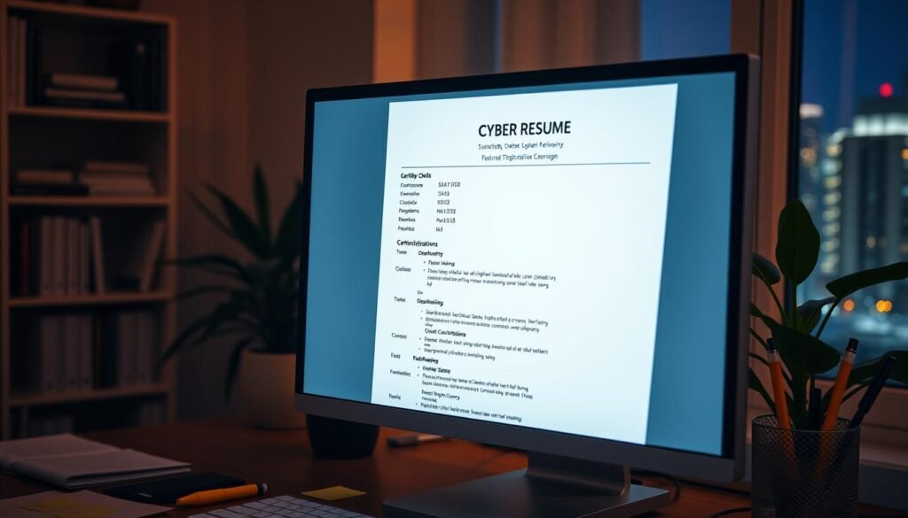 A computer monitor displaying a well-formatted resume, surrounded by office supplies like a pen, highlighter, and sticky notes. The background features a dimly lit workspace with a bookshelf, potted plant, and a window overlooking a cityscape at night. Soft, warm lighting creates a focused, professional atmosphere. The resume prominently features skills, certifications, and experience relevant to cybersecurity roles, with a clean, organized layout. The overall scene conveys the importance of presenting one's qualifications effectively when applying for a cybersecurity position.