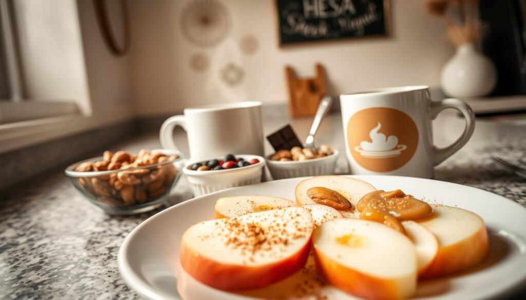 A cozy kitchen counter displays an assortment of healthy, satisfying snacks for a solo eater. In the foreground, a plate showcases sliced apples, almond butter, and a sprinkle of cinnamon. Beside it, a bowl of mixed nuts and a small container of Greek yogurt with fresh berries. In the middle ground, a steaming mug of herbal tea and a small square of dark chocolate. The background features a minimalist wall decor and a window, allowing soft natural light to illuminate the scene. The overall mood is calm, nourishing, and inviting, perfectly capturing the essence of a solo eater's satisfying snack break.