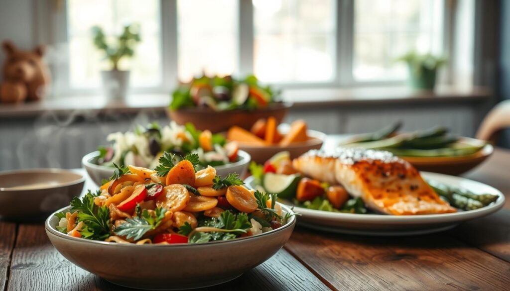 A cozy kitchen scene with a variety of healthy, low-calorie meals arranged on a rustic wooden table. In the foreground, a steaming bowl of vegetable-packed stir-fry, garnished with fresh herbs. In the middle ground, a vibrant salad brimming with leafy greens, colorful veggies, and a light vinaigrette dressing. In the background, a baked salmon fillet nestled among roasted sweet potato wedges and sautéed asparagus, all illuminated by soft, natural lighting from a large window. The overall mood is warm, inviting, and appetizing, conveying the message of satisfying, nutritious dinners that support weight loss goals.