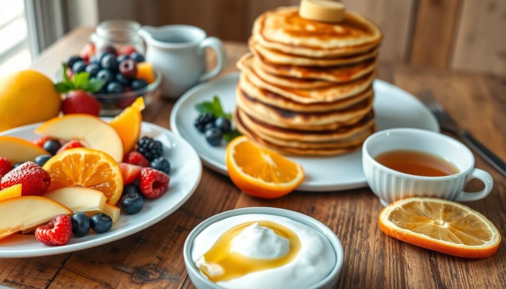 A delightfully vibrant breakfast scene featuring an assortment of healthy, easy-to-prepare morning meals. In the foreground, a plate showcases a colorful mix of fresh fruits - sliced apples, berries, and juicy orange wedges. Alongside, a bowl of creamy Greek yogurt is drizzled with golden honey. In the middle ground, a stack of fluffy whole-grain pancakes is accompanied by a small pitcher of maple syrup. The background depicts a rustic wooden table, bathed in warm, natural lighting that casts a cozy, inviting atmosphere. The scene radiates a sense of simplicity, nourishment, and the perfect start to a energizing day.
