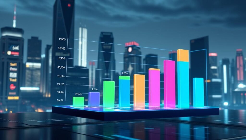 A detailed bar chart showing cybersecurity salaries by different industries, set against a futuristic cityscape backdrop. The chart uses vibrant colors and sleek, minimalist design to display the salary data. In the foreground, a 3D holographic interface hovers, allowing the viewer to interactively explore the data. Soft, directional lighting casts dramatic shadows, creating a sense of depth and emphasizing the technological theme. The overall mood is one of innovation, data-driven insights, and the high-stakes world of cybersecurity.