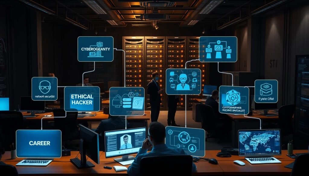A dimly lit cybersecurity office, desks and computers arranged in a dynamic layout. In the foreground, various career paths are displayed on holographic screens - from network security analyst to ethical hacker, cryptographer to incident response specialist. In the middle ground, professionals in business attire engage in animated discussions, highlighting the collaborative nature of the field. The background features a towering data center, its servers casting a warm glow, symbolizing the technological backbone of the industry. The overall atmosphere conveys the complexity, innovation, and growth opportunities inherent in the cybersecurity landscape.