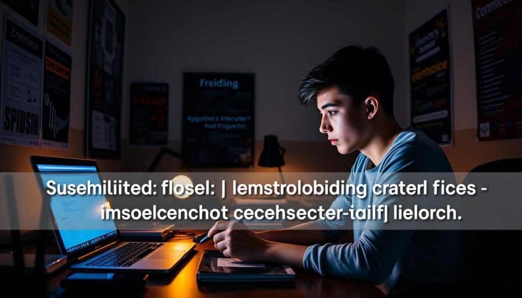 A dimly lit home office, the glow of a laptop screen illuminating a focused young person's face as they intently review cybersecurity course materials. On the desk, an array of tech gadgets - a router, a mobile device, and a stack of reference books. The walls are adorned with cybersecurity-themed posters, creating an atmosphere of dedication and preparation. Soft, warm lighting casts gentle shadows, conveying a sense of intensity and determination as the individual prepares for the next step in their cybersecurity journey - a promising apprenticeship.
