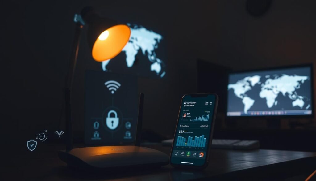 A dimly lit home office with a desktop computer, softly illuminated by a warm desk lamp. In the foreground, a Wi-Fi router sits prominently, surrounded by security-themed icons and symbols - a padlock, a shield, a network diagram. The middle ground features a smartphone displaying a cybersecurity dashboard, with graphs and statistics visualizing network traffic and threat detection. In the background, a world map projection subtly glows, underscoring the global nature of online security challenges. The overall atmosphere is one of heightened awareness and diligence, inviting the viewer to consider the importance of Wi-Fi security in the digital age.