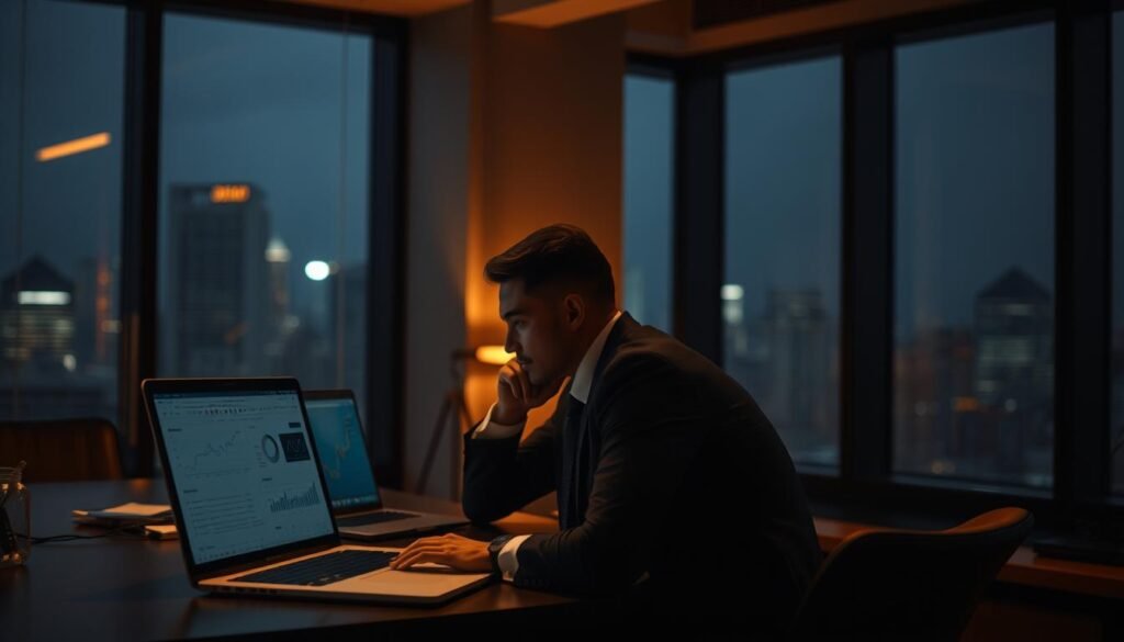 A dimly lit office setting, the foreground featuring a business person in a suit sitting at a desk, deep in thought, as they ponder their upcoming salary negotiation. The middle ground showcases an open laptop displaying relevant data and statistics, while the background depicts a cityscape visible through large windows, hinting at the broader professional context. The mood is one of contemplation and strategic planning, with warm, muted lighting creating an atmosphere of concentration and focus.