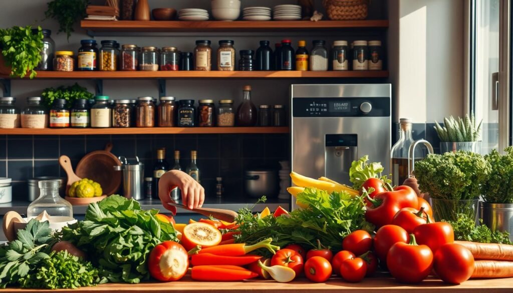 A kitchen counter overflows with fresh produce and cooking tools, bathed in warm, natural lighting. In the foreground, a chef expertly chops vibrant vegetables, their movements graceful and purposeful. Behind them, shelves brim with jars of herbs, spices, and healthy oils, while a gleaming stainless-steel appliance emits enticing aromas. The scene exudes a sense of calm, focused culinary mastery, inviting the viewer to discover the art of nourishing, wholesome meal preparation.