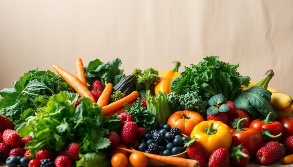 A mouthwatering still life of fresh, vibrant produce against a soft, natural backdrop. In the foreground, a bountiful arrangement of juicy berries, crisp leafy greens, and crunchy vegetables like carrots and bell peppers, all bursting with color and nutrition. In the middle ground, a scattering of ripe, sun-kissed fruits such as apples, oranges, and bananas, casting gentle shadows. The background features a serene, earthy tone, with hints of wood grain or linen texture to create a warm, inviting atmosphere. Soft, diffused lighting from an overhead source gently illuminates the scene, highlighting the produce's natural beauty and appealing texture. The overall composition exudes a sense of health, vitality, and the rejuvenating power of a balanced, plant-based diet.