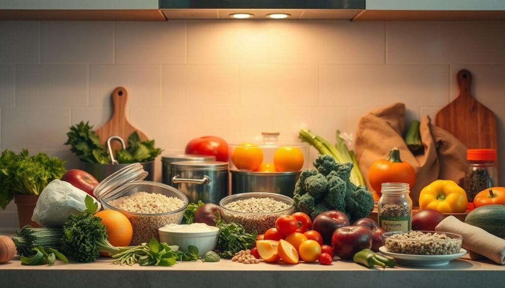 A neatly organized kitchen counter with a variety of fresh, colorful ingredients for meal preparation: crisp vegetables, ripe fruits, various grains, lean proteins, and condiments. Warm lighting from overhead casts a soft, inviting glow, creating a cozy, motivating atmosphere. The image conveys a sense of healthy, effortless meal planning, with all the components ready to be transformed into nutritious, delicious dishes. The clean, minimalist styling and the harmonious color palette evoke a feeling of simplicity and a desire to get cooking.