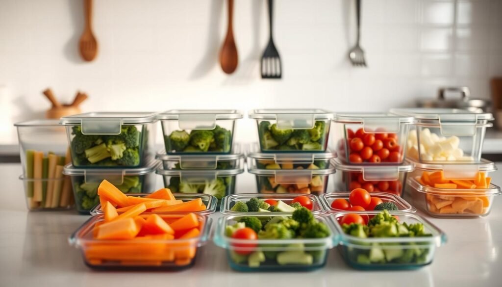 A neatly organized kitchen counter with prepped ingredients and containers. In the foreground, various vegetables - carrots, broccoli, cherry tomatoes - are meticulously chopped and placed in separate compartments. In the middle, a set of airtight glass meal prep containers, their contents obscured, stand ready to be filled. The background features a minimalist white backsplash, warm natural lighting filtering in, and a few kitchen utensils hung on the wall, conveying a sense of order and efficiency. The overall atmosphere is calming and inviting, perfect for a picky eater looking to enjoy a healthy, hassle-free meal.