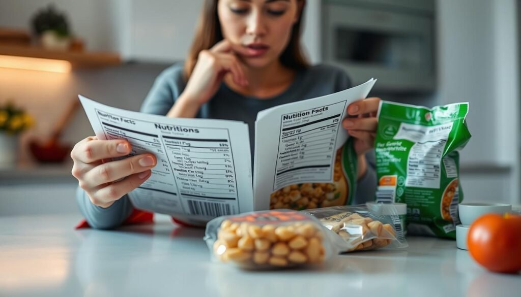 A person's hands closely examining the nutrition labels on various packaged food items, placed on a clean, minimalist kitchen counter. The lighting is soft and diffused, creating a warm, inviting atmosphere. The camera angle is slightly elevated, capturing the thoughtful expression on the person's face as they carefully scrutinize the information. The background is blurred, keeping the focus on the act of label reading and the selection of healthier food choices.