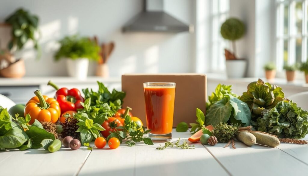 A pristine, white wooden table is set with an assortment of fresh, organic ingredients. In the foreground, a mix of leafy greens, vibrant vegetables, and aromatic herbs are artfully arranged, exuding a sense of health and vitality. A glass container filled with a vibrant smoothie takes center stage, its jewel-toned hues casting a warm, natural glow. In the middle ground, a sleek, modern meal delivery box rests, its minimalist design complementing the organic, earthy tones. The background features a serene, sun-dappled kitchen, with large windows allowing soft, natural light to filter in, creating a tranquil, calming atmosphere. The overall scene conveys a sense of balance, care, and a dedication to providing nourishing, personalized meals.