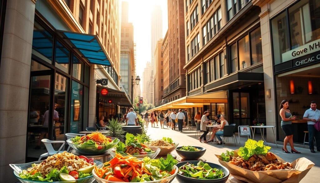A sun-drenched street in downtown Chicago, lined with vibrant, health-conscious eateries. In the foreground, a selection of fresh, colorful salads, grain bowls, and protein-packed entrees are displayed in the open storefront windows, enticing passersby. The middle ground features a mix of local patrons enjoying their meals al fresco, surrounded by the architectural splendor of the city. In the background, the iconic skyline rises, bathed in warm, golden light, creating a sense of urban vitality and wellness. The scene is captured with a crisp, documentary-style lens, showcasing the city's thriving, health-conscious culinary scene.