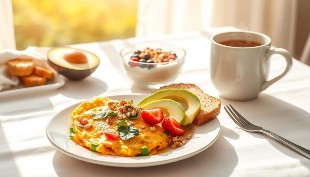 A sunlit breakfast table, adorned with an array of nutritious pregnancy meals. In the foreground, a plate showcases a vibrant veggie omelet, accompanied by a side of fresh avocado and sliced whole-grain toast. In the middle ground, a bowl of creamy Greek yogurt is topped with juicy berries and a sprinkle of crunchy granola. In the background, a steaming mug of herbal tea rests on a crisp, white tablecloth, exuding a sense of calm and nourishment. The lighting is soft and natural, casting a warm glow over the scene. The overall composition evokes a balanced, wholesome, and comforting atmosphere, perfectly suited for a pregnancy breakfast.