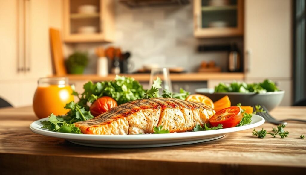 A table set with a fresh, vibrant meal delivery - a steaming plate of grilled salmon, crisp greens, and vibrant roasted vegetables, all arranged artfully against a backdrop of a clean, modern kitchen. Warm, soft lighting illuminates the scene, casting gentle shadows and highlighting the textures and colors of the ingredients. The composition is balanced and inviting, drawing the viewer's eye to the fresh, healthy meal at the center. The overall atmosphere is one of simplicity, quality, and a celebration of the natural flavors of the ingredients.