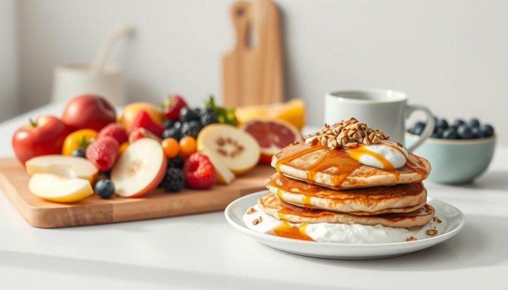 A vibrant and appetizing display of healthy breakfast options, captured in natural lighting with a soft, inviting atmosphere. In the foreground, a variety of fresh fruits, including sliced apples, berries, and citrus, artfully arranged on a wooden cutting board. In the middle ground, a plate of fluffy whole-grain pancakes drizzled with a touch of maple syrup, accompanied by a small bowl of Greek yogurt topped with toasted nuts and a sprinkle of cinnamon. In the background, a steaming mug of herbal tea or freshly brewed coffee, set against a neutral-toned kitchen backdrop, creating a calming and nourishing ambiance.