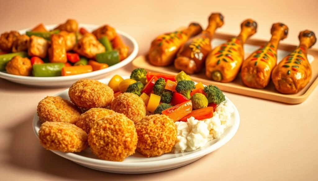 A vibrant, kid-friendly scene of healthy chicken meals. In the foreground, a plate features crispy chicken nuggets coated in a light breading, accompanied by colorful roasted vegetables and a side of creamy mashed potatoes. The middle ground showcases a chicken and vegetable stir-fry with stir-fried broccoli, carrots, and bell peppers in a savory sauce, served over a bed of fluffy white rice. In the background, a cheerful arrangement of baked chicken drumsticks, each painted with a cheerful pattern of neon-colored marinades and glazes. Warm, diffused lighting creates a cozy, inviting atmosphere, and the entire scene is set against a soft, pastel-toned background, evoking a sense of comfort and family-friendly appeal.