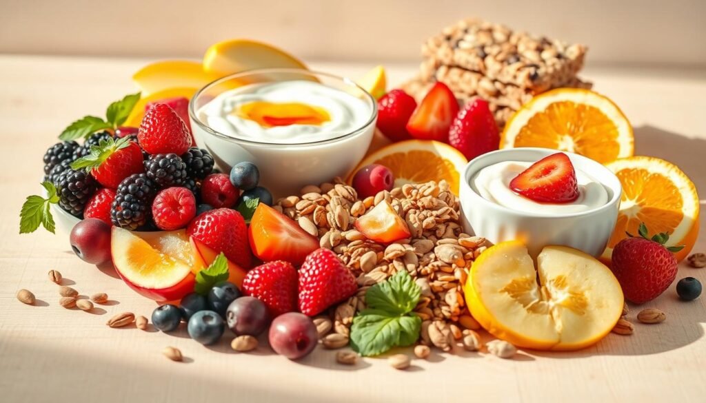 A vibrant still life of healthy pregnancy snacks, bathed in warm, natural lighting. In the foreground, an assortment of fresh fruits - plump berries, crisp apple slices, juicy orange wedges. Complementing them, a selection of nutritious nuts and seeds, neatly arranged. In the middle ground, a bowl of creamy Greek yogurt, drizzled with honey, and a handful of granola bars. The background features a light wooden surface, creating a calming, rustic atmosphere. The composition emphasizes the visual appeal and nutritional value of these satisfying, guilt-free pregnancy cravings.
