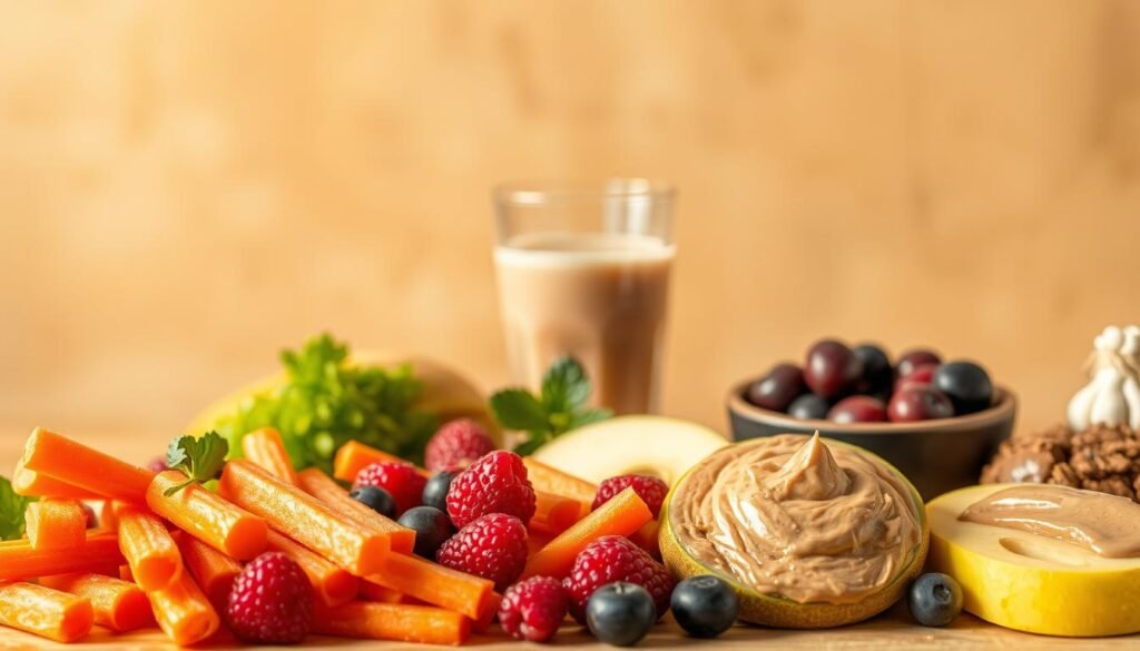 A vibrant still life set against a soft, natural backdrop. In the foreground, an assortment of healthy snacks neatly arranged - crunchy carrot sticks, crisp apple slices, juicy berries, and creamy nut butter. The lighting is warm and inviting, highlighting the vibrant colors and textures of the produce. In the middle ground, a glass of refreshing water or a smoothie, reflecting the surrounding scene. The background is a serene, earthy tone, allowing the healthy snacks to take center stage. The overall mood is one of balance, energy, and nourishment, inspiring the viewer to fuel their day with satisfying, wholesome choices.