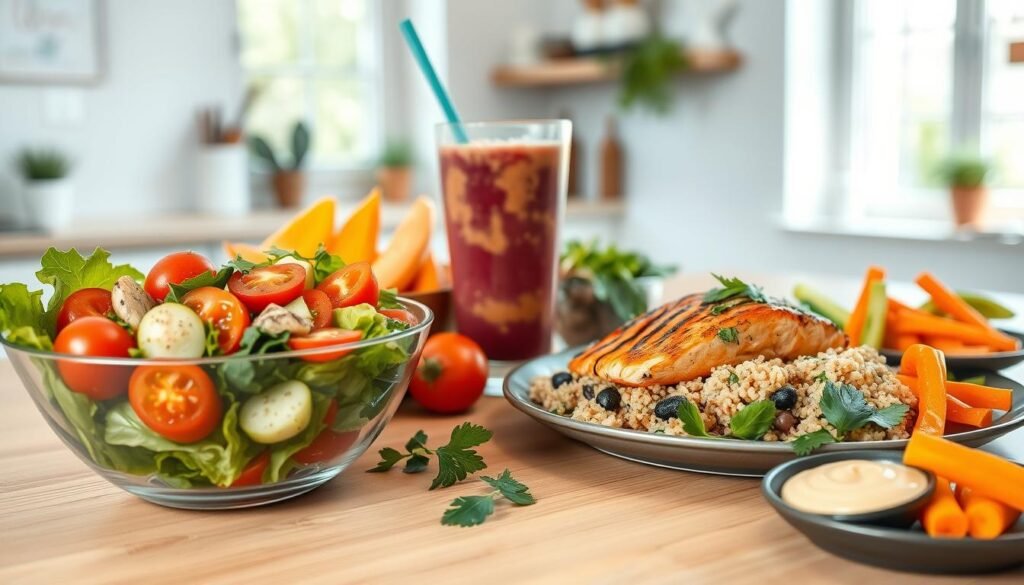 A visually appealing assortment of healthy, enticing meals arranged on a light wooden table. In the foreground, a vibrant salad bowl overflows with crisp greens, juicy tomatoes, and crunchy vegetables, drizzled with a light dressing. Beside it, a plate showcases a hearty, well-balanced meal of grilled salmon, fluffy quinoa, and roasted vegetables, accented by fresh herbs. In the middle ground, a smoothie glass brimming with a nutritious blend of fruits and greens sits alongside a plate of colorful, bite-sized snacks like carrot sticks, bell pepper slices, and hummus. The background reveals a clean, airy kitchen setting with natural lighting filtering through large windows, creating a warm, inviting atmosphere.