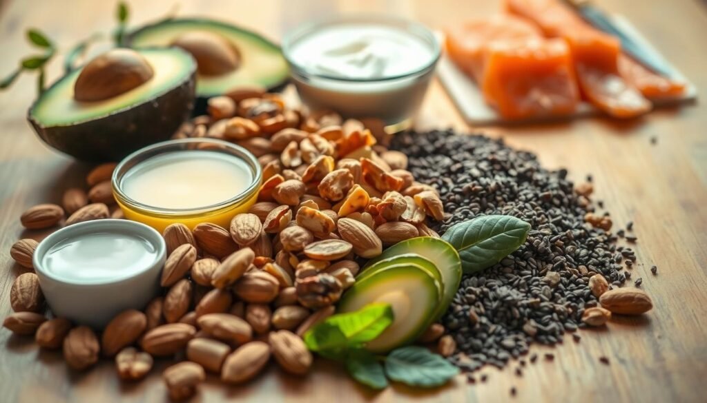 A well-lit, high-resolution image of an artfully arranged collection of healthy fat sources on a wooden surface. In the foreground, an assortment of nuts and seeds such as almonds, walnuts, and chia seeds. In the middle ground, avocado slices, olive oil, and a small bowl of coconut oil. In the background, a few slices of fatty fish like salmon or mackerel. The lighting is natural and diffused, casting a warm, inviting glow on the scene. The composition is balanced and visually appealing, highlighting the diverse array of nutritious fat-rich ingredients.