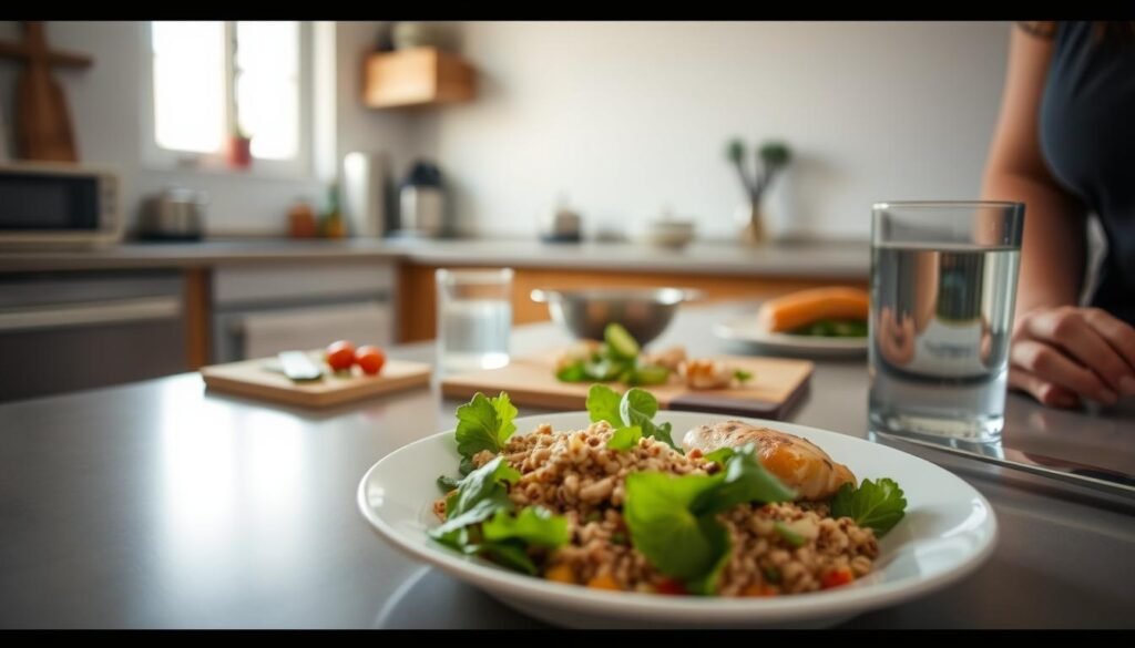 An intimate kitchen scene with a single person preparing a simple yet wholesome meal. In the foreground, a white ceramic plate holds a fresh salad, a hearty grain bowl, and a small portion of baked chicken. Beside it, a cutting board with sliced vegetables, a stainless steel knife, and a glass of water. Soft, diffused lighting from a nearby window casts a warm glow, creating a cozy and tranquil atmosphere. The middle ground features modest kitchen appliances and cookware, hinting at a well-equipped but modest space. The background blurs into muted tones, emphasizing the focus on the meal preparation. The overall scene conveys a sense of mindful, budget-conscious self-care.