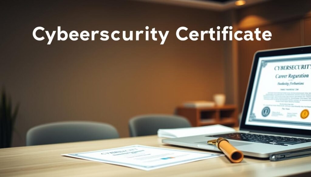 Cybersecurity Certificate Program: A sleek, modern desktop setup with a laptop, documents, and a cybersecurity certificate prominently displayed. The lighting is warm and professional, with a subtle depth of field effect. The background features a muted, minimalist office setting, allowing the key elements to stand out. The composition conveys a sense of accomplishment, expertise, and an invitation to embark on a fulfilling cybersecurity career journey.