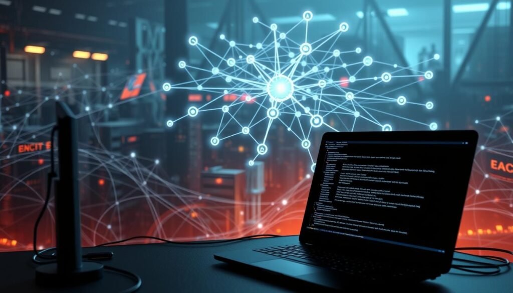 Cybersecurity skills: a dynamic digital landscape, where intricate networks and cutting-edge technologies intertwine. In the foreground, a sleek desktop setup with a high-resolution display showcasing a command-line interface, lines of code cascading across the screen. In the middle ground, a virtual web of interconnected nodes, pulsing with encrypted data streams. The background blends seamless transitions between abstract digital patterns and a subtle, industrial-inspired ambiance, conveying the intersecting realms of cybersecurity expertise. Soft, directional lighting illuminates the scene, casting strategic shadows that emphasize the depth and complexity of the cybersecurity domain. The overall atmosphere exudes a sense of precision, innovation, and the ever-evolving nature of safeguarding digital assets.